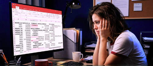 An overwhelmed office worker staring at a messy spreadsheet full of errors, head resting on her hand